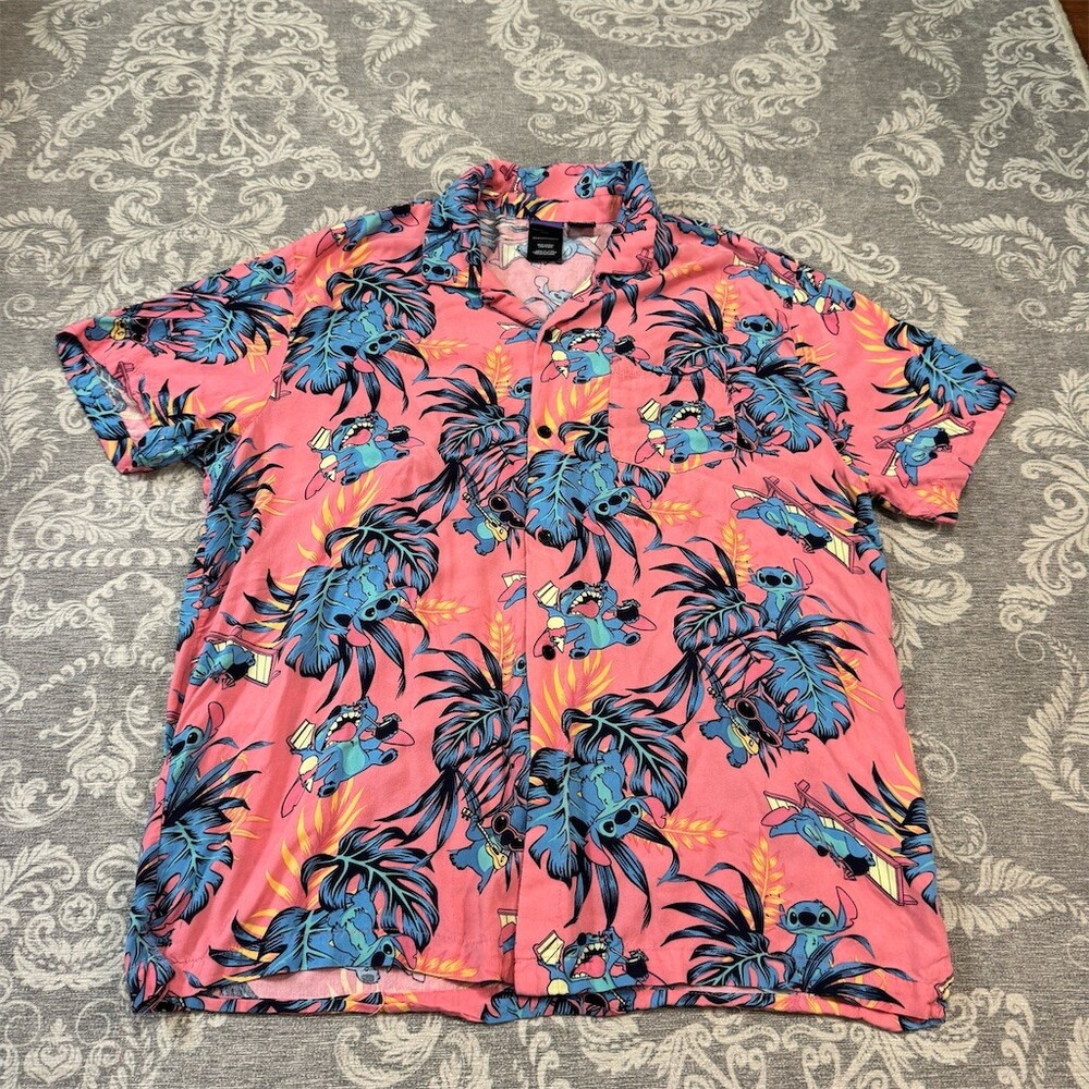 Disney Stitch Hawaiian Aloha Shirt Mens 2XL Pink Tropical Button Up SS